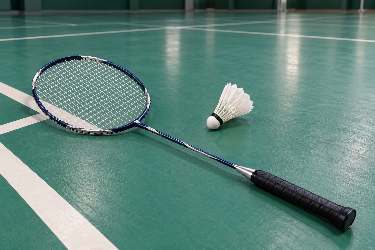 Badminton racket and shuttlecock beside an indoor court